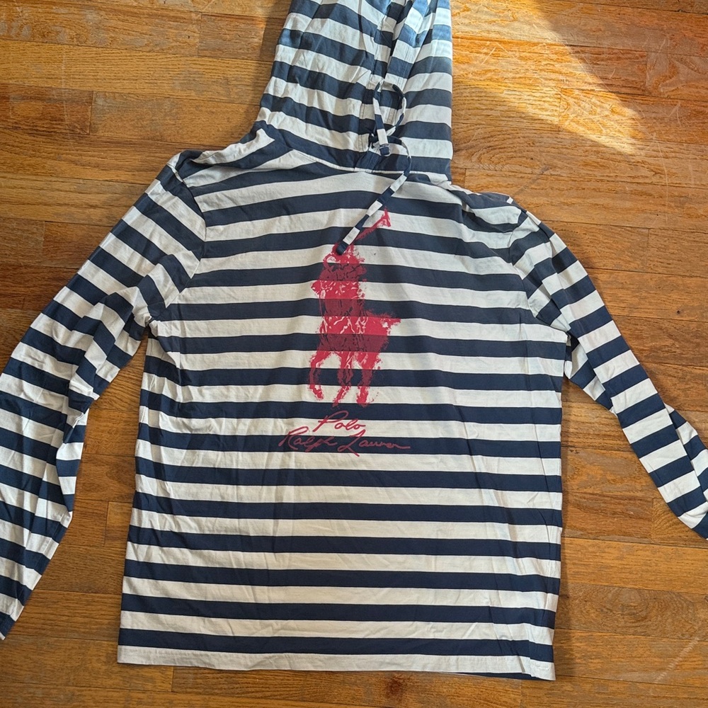 Ralph Lauren Navy and White Striped Hoodie with Pink Emblem